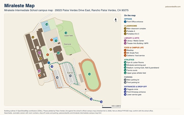 Miraleste Intermediate map: Miraleste Intermediate campus map, north-up, with numbered places