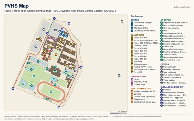 PVHS map: Palos Verdes High campus map, north-up, with numbered places
