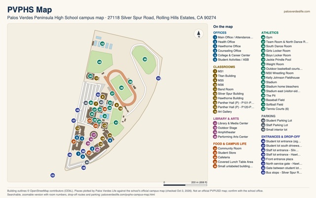 PVPHS map: Peninsula High campus map, north-up, with numbered places