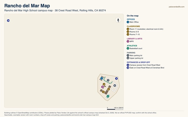 Rancho del Mar map: Rancho del Mar High School campus map, north-up, with numbered places