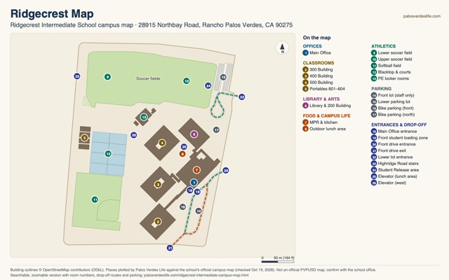 Ridgecrest Intermediate map: Ridgecrest Intermediate campus map, north-up, with numbered places