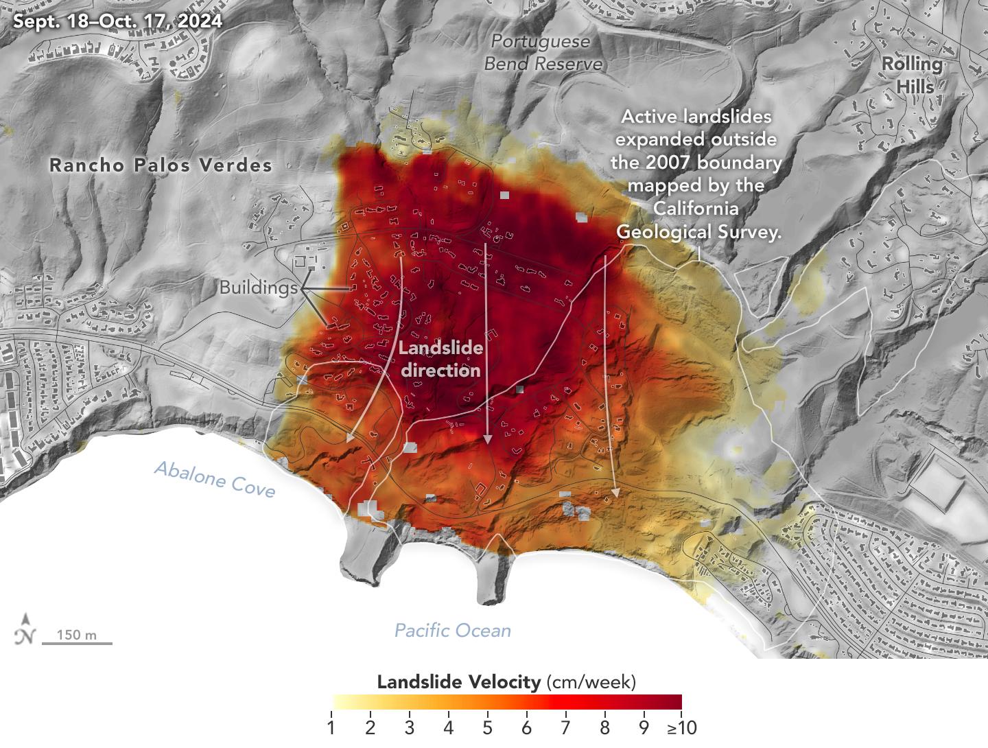 NASA radar map showing land movement velocity across the Portuguese Bend landslide complex